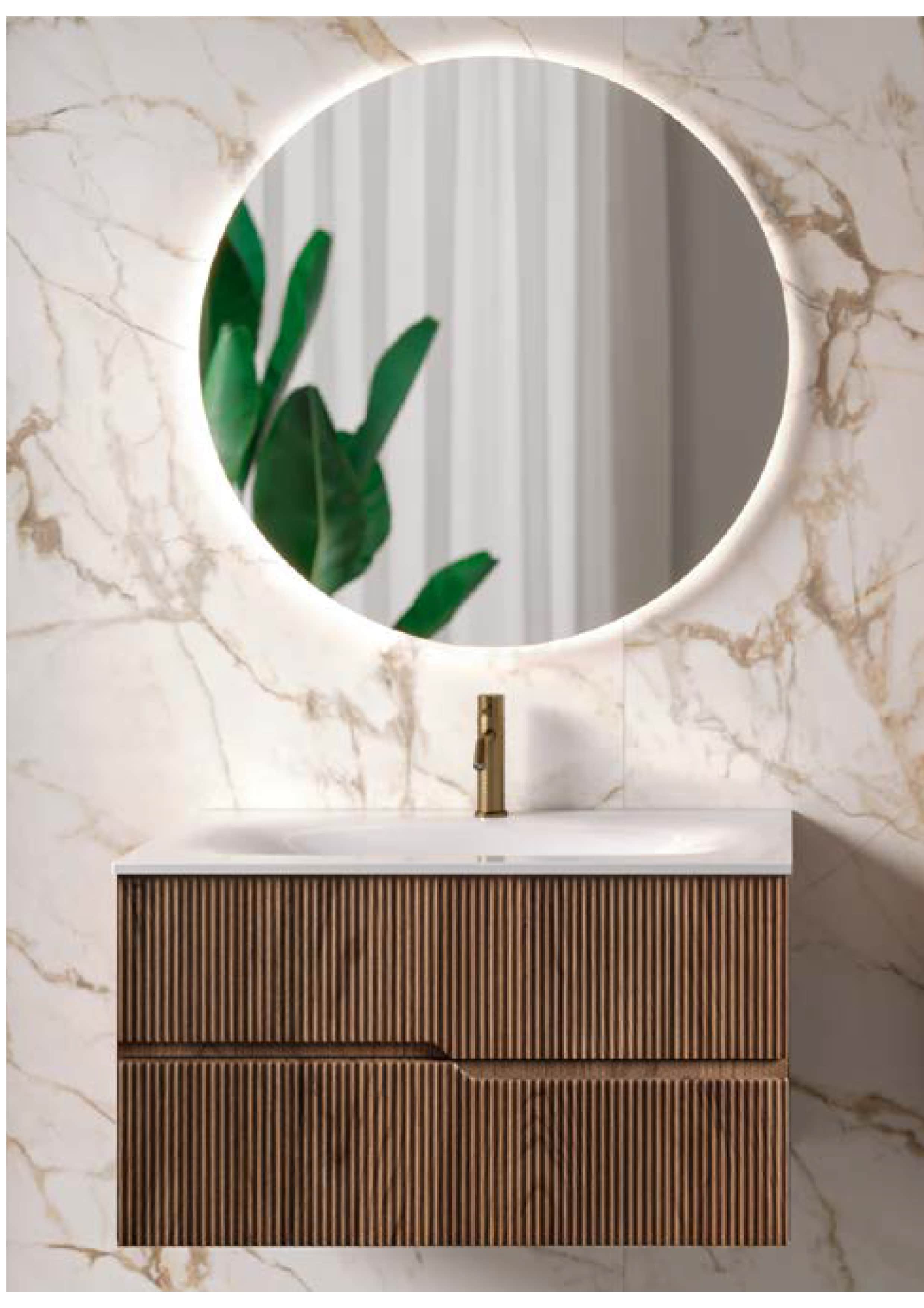 A modern wall-mounted vanity unit with a fluted wood-effect front and two drawers. It is topped with… — 3D model