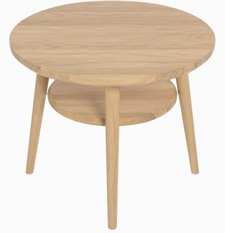 This is a minimalist round end table constructed from light-toned oak wood. It features a larger cir… — 3D model