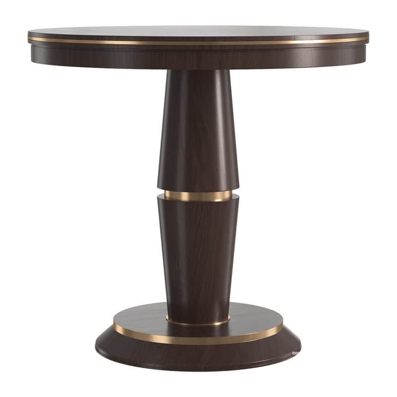 A dark wood round table with a distinctive pedestal base featuring brass accents, presented against… — 3D model