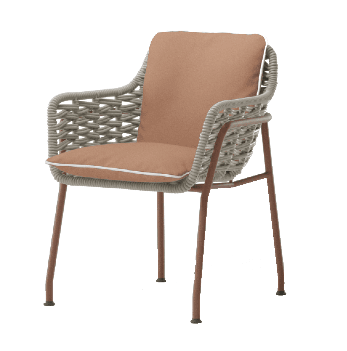 A contemporary armchair with a woven back and armrests, featuring a padded seat and back cushion. The frame is constructed from thin, angled metal legs. — 3D model
