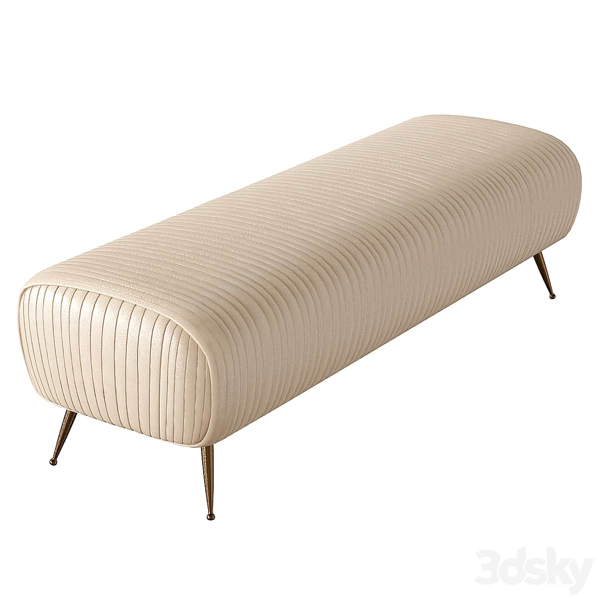 A long, low bench with a rounded, upholstered top and four slender, tapered legs. The upholstery fea… — 3D model