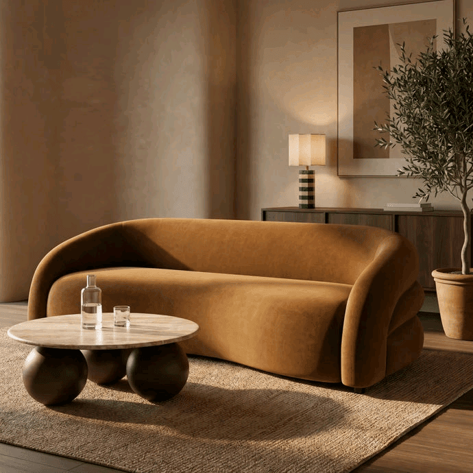 A contemporary sofa featuring a continuous, curved silhouette with integrated armrests and backrest, upholstered in a soft, camel-colored fabric. The design is fluid and sculptural, with a slightly undulating seat and no visible seams or distinct cushions, creating a seamless and inviting aesthetic. — 3D model