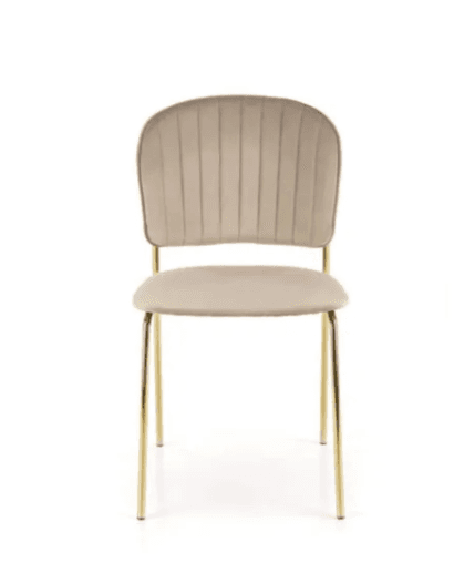 An armless chair featuring a channel-tufted backrest and a padded seat, both upholstered in a light beige velvet-like fabric. The chair stands on four slender, round, gold-toned metal legs. The backrest has a rounded top edge, contributing to a modern and elegant aesthetic. — 3D model