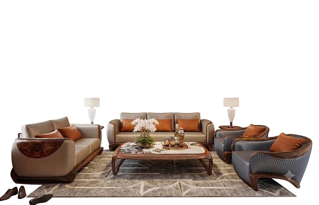 A contemporary living room set featuring a sofa, two accent chairs, and a coffee table, all unified by a distinctive design incorporating curved wooden frames and contrasting upholstery. — 3D model