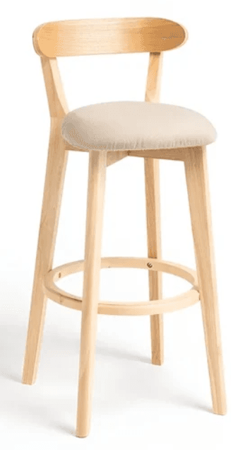 A modern bar stool featuring a light natural wood frame and a beige upholstered seat with a curved backrest. The stool has four splayed legs reinforced by a circular footrest. — 3D model