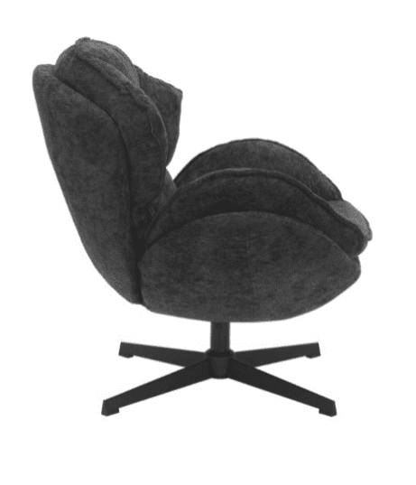 A dark gray armchair with a high, rounded back and seat, featuring layered, petal-like upholstery. The chair has a swivel base with four splayed legs in a matte black finish. The fabric appears to be a textured, low-pile textile. — 3D model