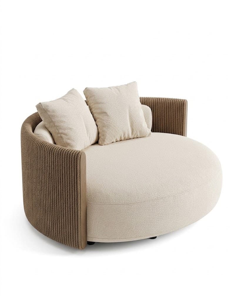 A modern, round lounge chair with a cream-colored upholstered seat and back cushions, featuring a distinctive curved, rope-textured backrest in a brown tone. It comes with two matching throw pillows. — 3D model