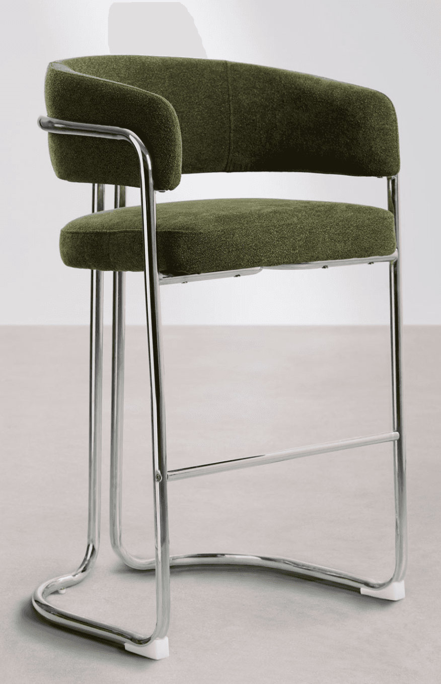 A contemporary bar stool featuring olive green upholstered seating, a curved backrest, and integrate… — free SKP 3D model