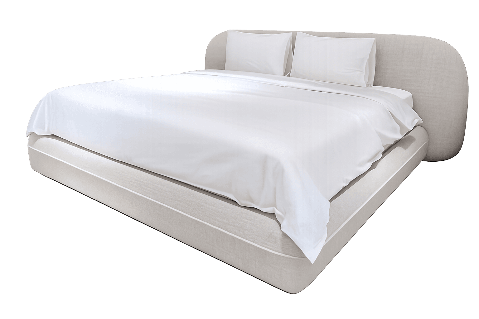 A modern, low-profile platform bed featuring light beige fabric upholstery and a distinctively rounded headboard. The bed frame is fully upholstered, creating a seamless, minimalist aesthetic. White bedding, including a duvet and two pillows, is present on the bed. — 3D model