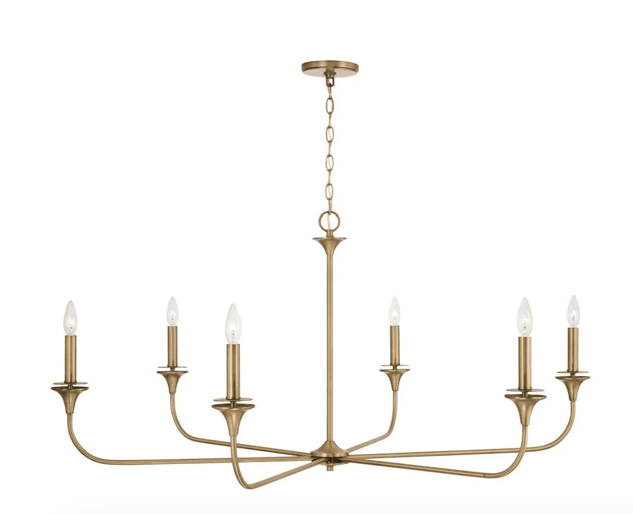 This is a modern six-light chandelier featuring a brushed brass finish. It has a central vertical stem with a chain suspension leading to a round ceiling canopy. Six slender, curved arms extend horizontally from the central body, each terminating in an upright, candelabra-style bulb holder with a small, cupped bobeche. The exposed bulbs are in a flame-tip or torpedo shape, typical of candelabra lights. — 3D model