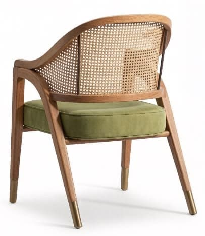A wooden armchair featuring a curved backrest with cane webbing, a solid wooden frame, and a plush green upholstered seat cushion. The legs are tapered and adorned with brass caps at the feet. — 3D model