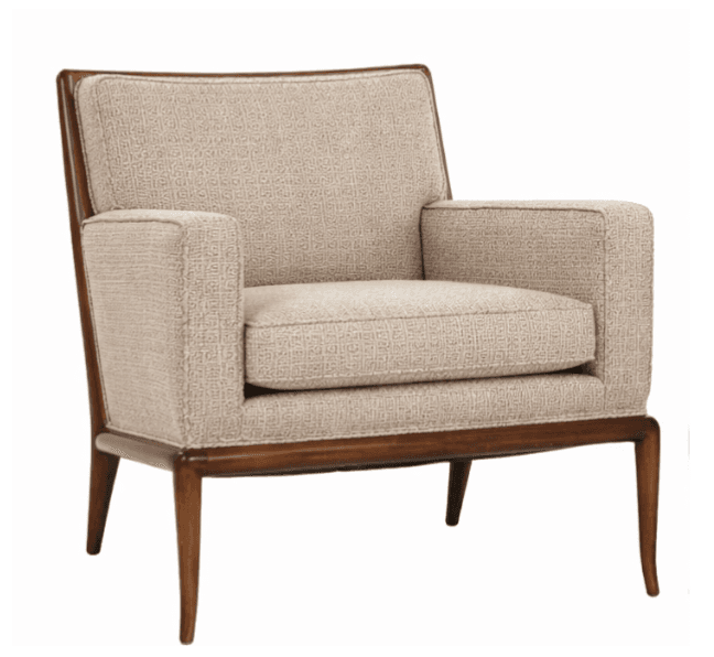 A wooden-framed armchair with upholstered seat, back, and arms. The upholstery features a geometric pattern. The chair has four tapered wooden legs. — 3D model
