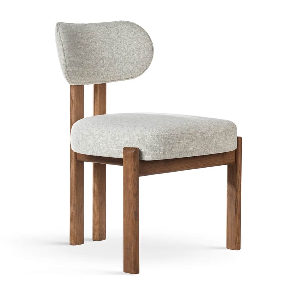 An armless contemporary dining chair featuring a solid dark wood frame and light grey fabric upholst… — 3D model