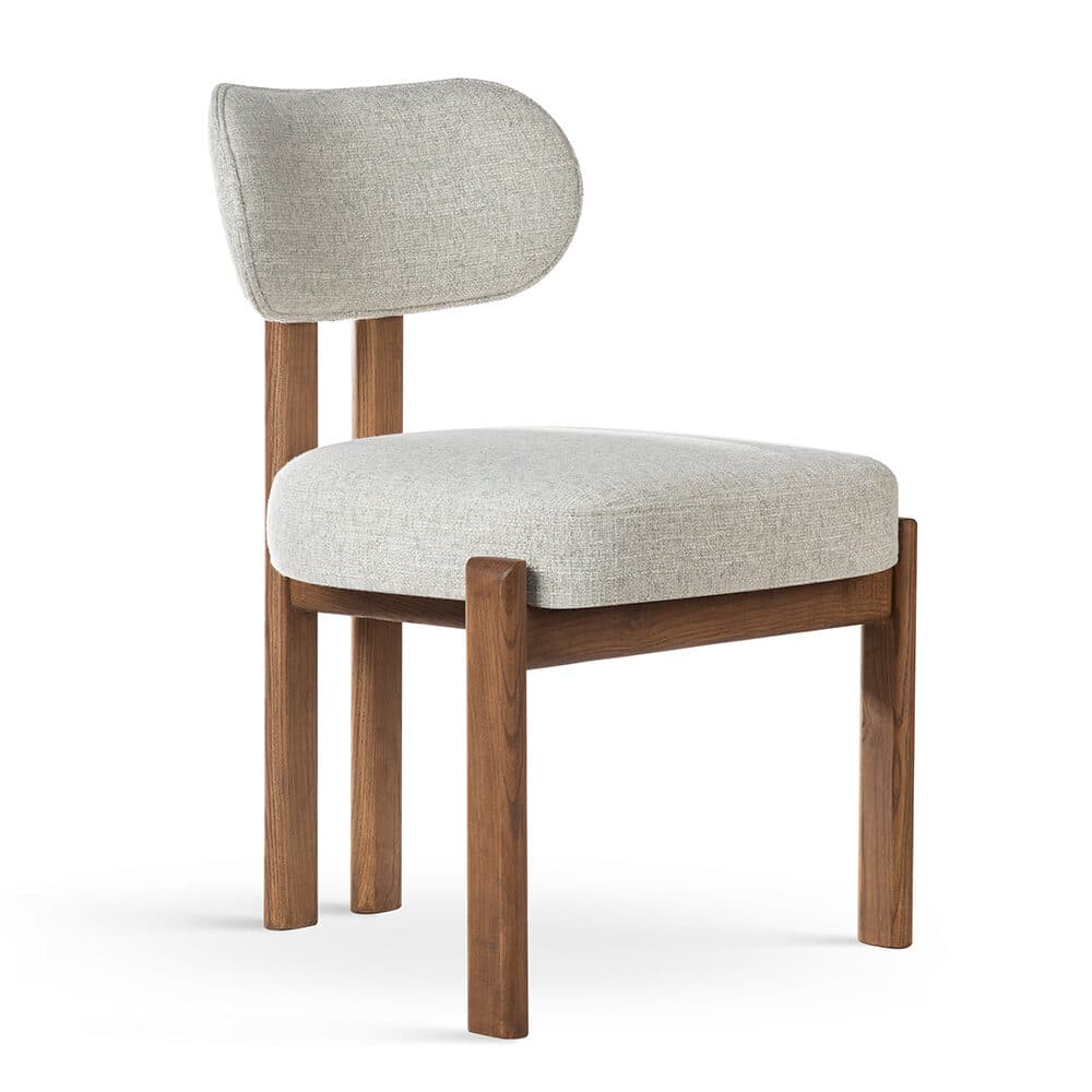 An armless contemporary dining chair featuring a solid dark wood frame and light grey fabric upholstery. The seat is a rectangular cushion, and the backrest is a rounded, padded panel. The chair stands on four straight, square-profile wooden legs, with visible joinery connecting them to the seat frame. — 3D model