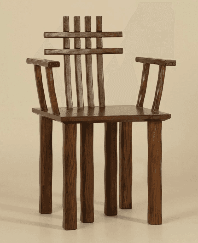 A robust, rustic armchair crafted from dark-stained wood, featuring a distinctive slatted backrest w… — 3D model