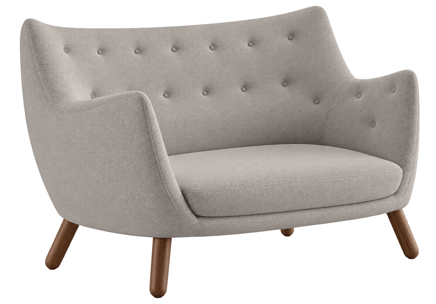 A compact upholstered loveseat featuring a gently curved, button-tufted backrest and integrated armrests. It is supported by four tapered wooden legs. — 3D model
