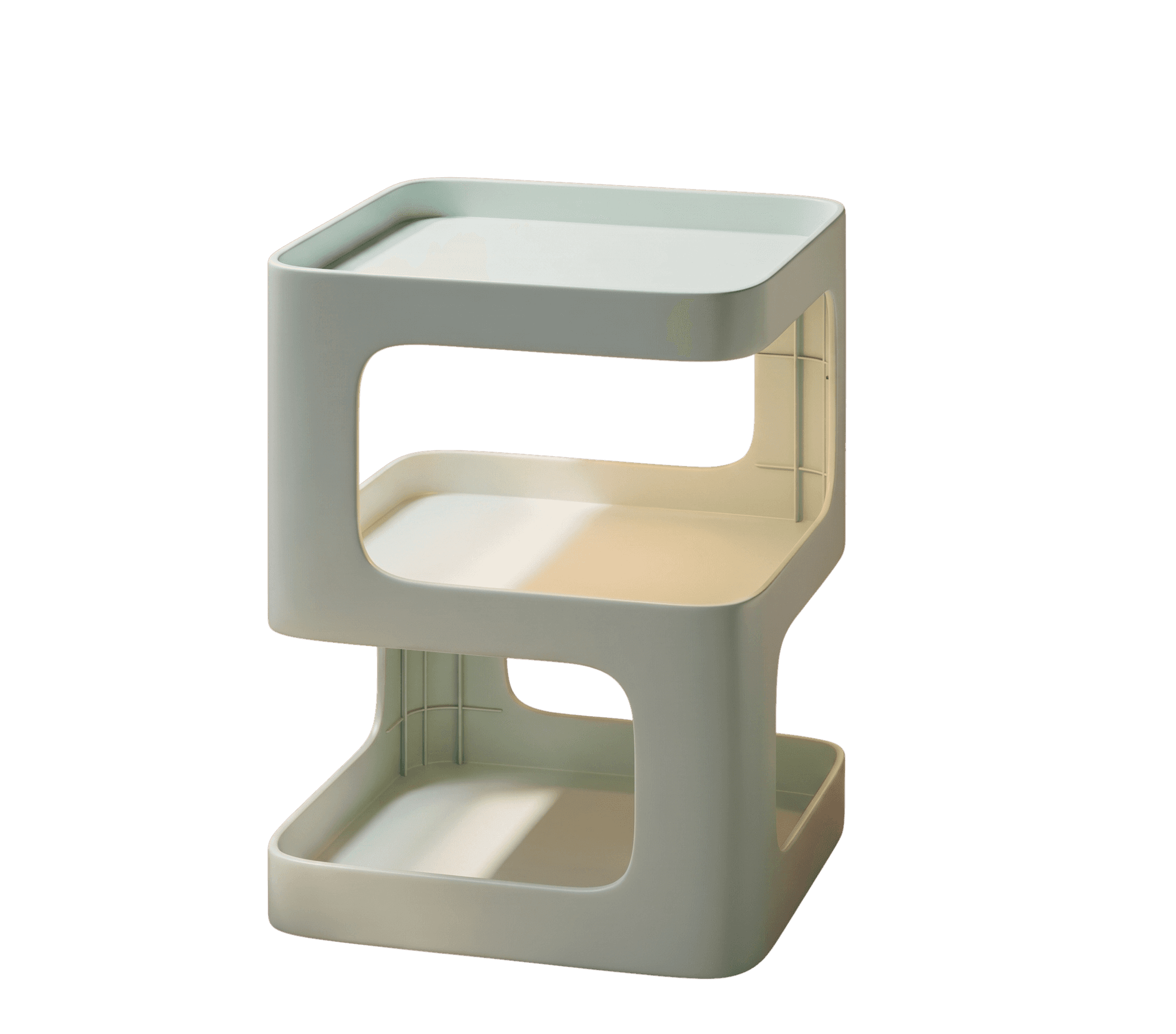 A light mint green, three-tiered modular storage shelf made from molded plastic. The unit features a… — free BLEND 3D model