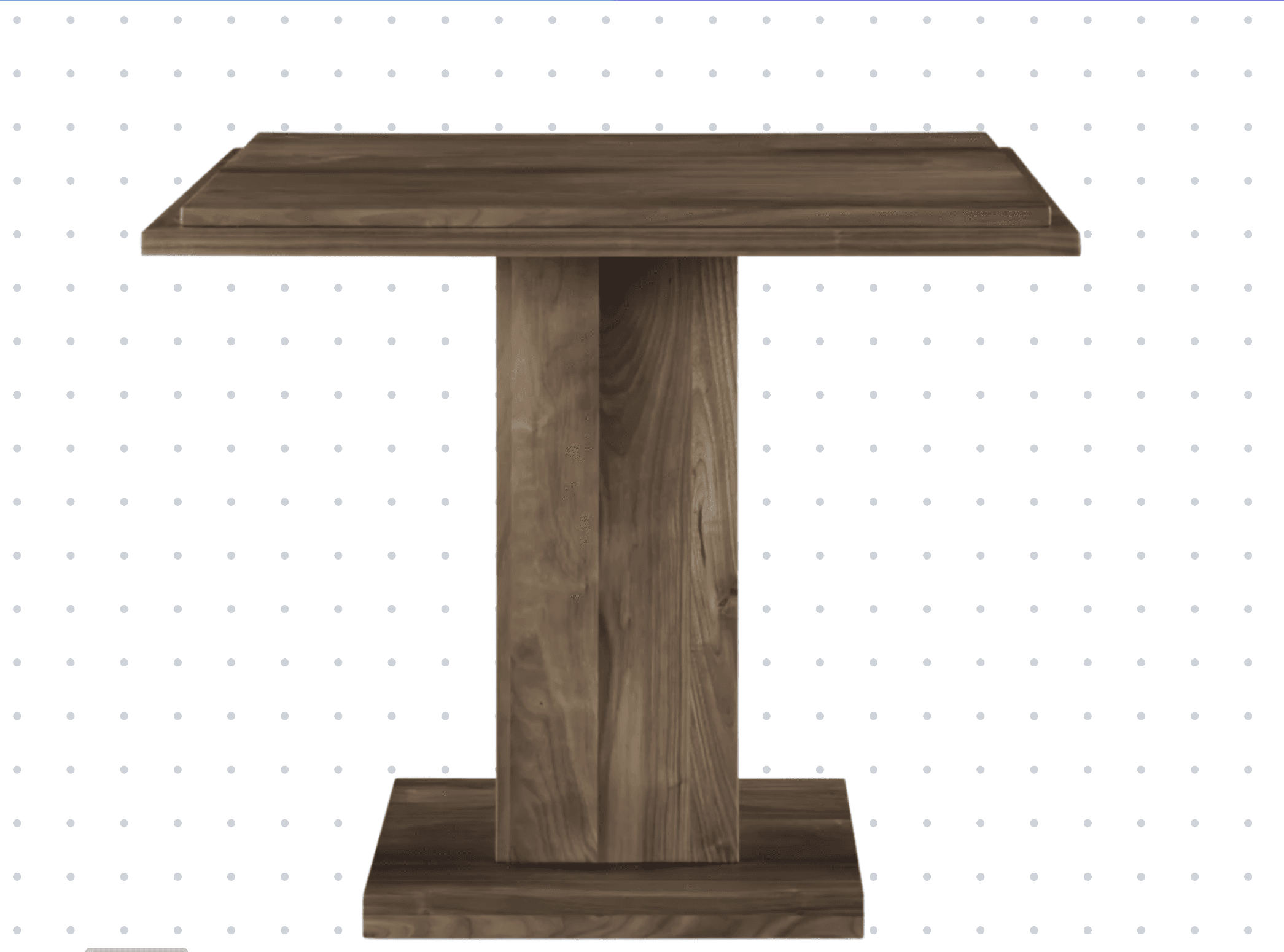 A wooden pedestal table with a rectangular top and a square base. The table has a single, thick, rectangular pedestal support. The wood grain is clearly visible, suggesting a natural wood material. — 3D model