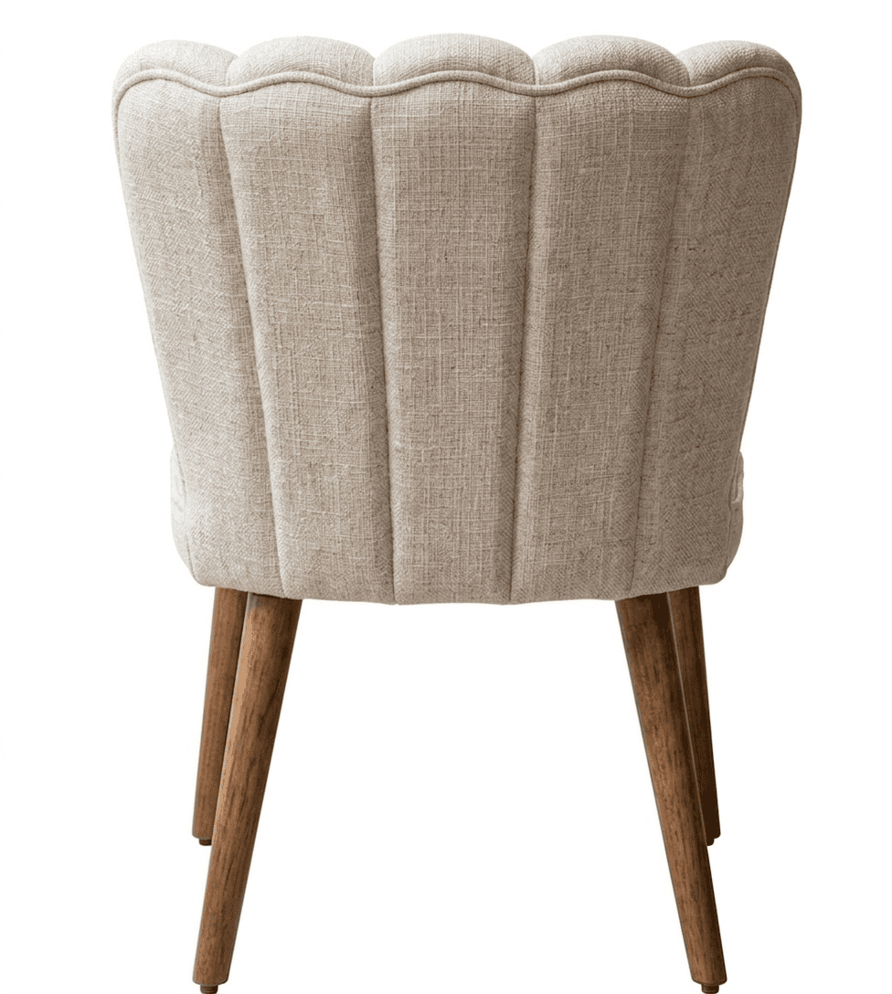 A cream-colored accent chair with a high, fan-shaped backrest featuring vertical channel tufting. Th… — 3D model
