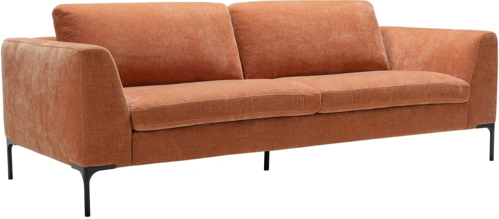 A modern sofa with a streamlined design. It features a two-cushion seat and two back cushions, all upholstered in a textured fabric. The arms are gently sloped, and the sofa is supported by four slim, black metal legs that create a floating effect. — 3D model