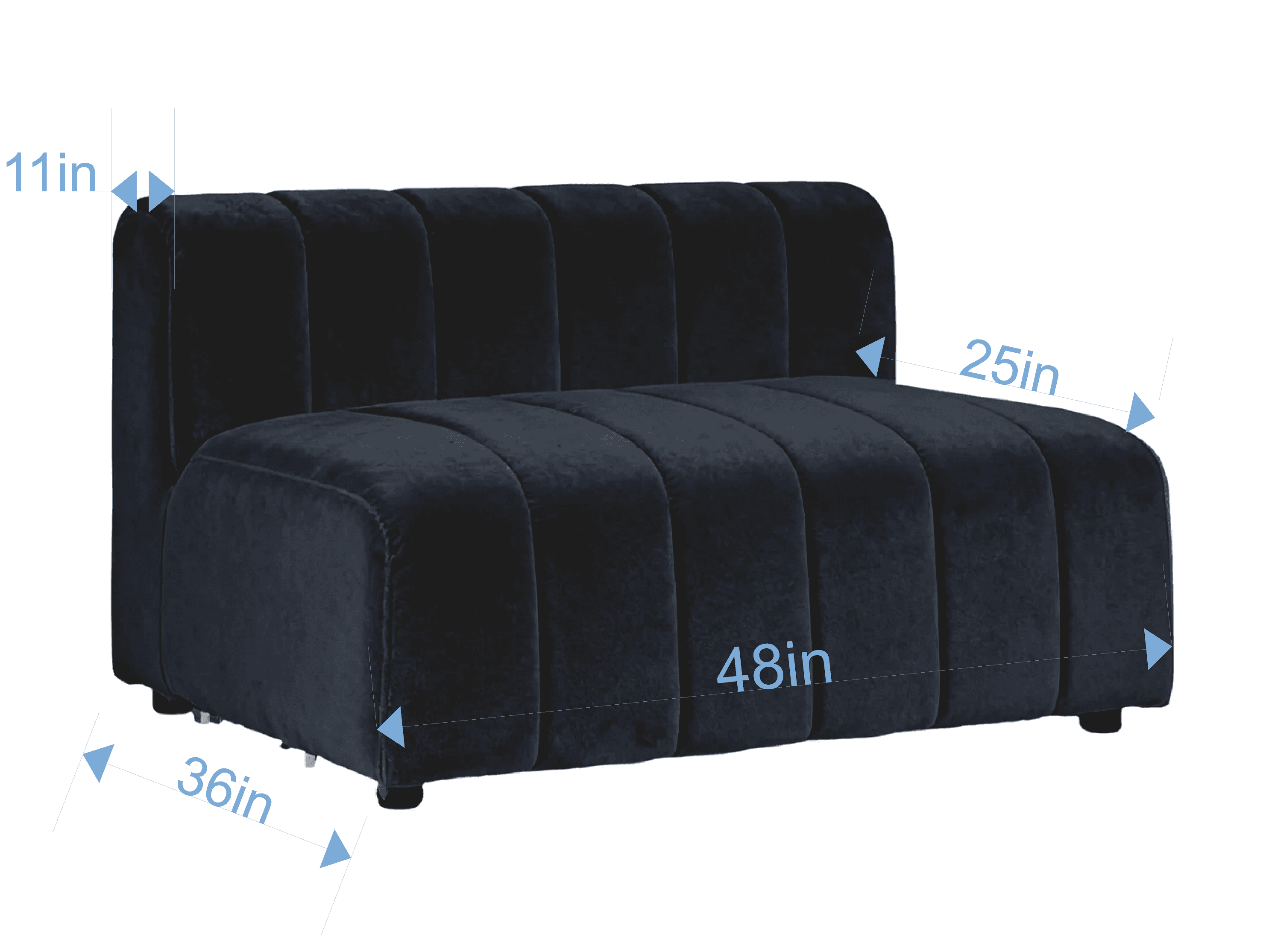 A dark navy blue velvet, armless seating unit featuring vertical channel tufting on both the backrest and seat, designed as a modular component for a sofa or sectional. It measures 48 inches wide, 36 inches deep, and 25 inches high. — 3D model