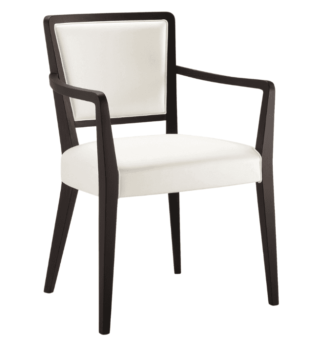 A contemporary armchair with a dark wood frame and white upholstery on the seat and back. The armchair features a squared backrest and seat, with slightly curved armrests that transition into the legs. The legs are tapered and straight. — 3D model
