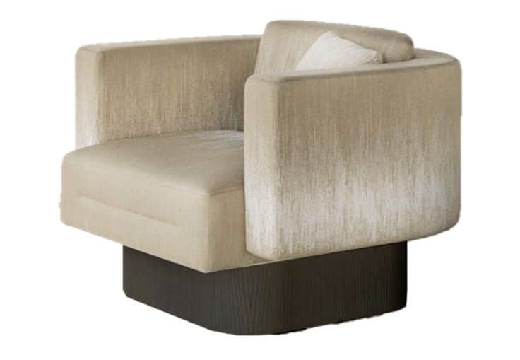 A contemporary upholstered armchair with a rounded back and integrated arms, featuring a deep seat c… — 3D model