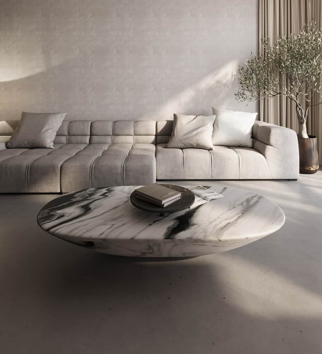 A low-profile, oval-shaped coffee table featuring a top made of white marble with prominent black ve… — 3D model