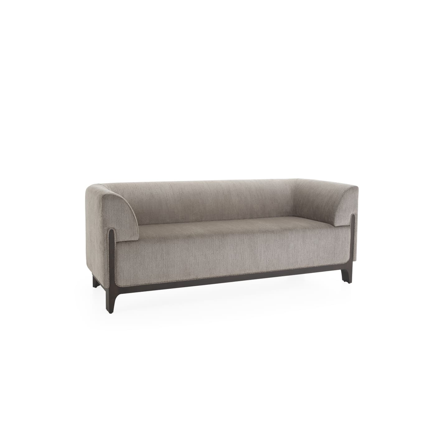 A contemporary loveseat upholstered in a light grey textured fabric, featuring a distinctive dark-finished exposed wooden frame that forms the base and frames the rounded armrests. — 3D model