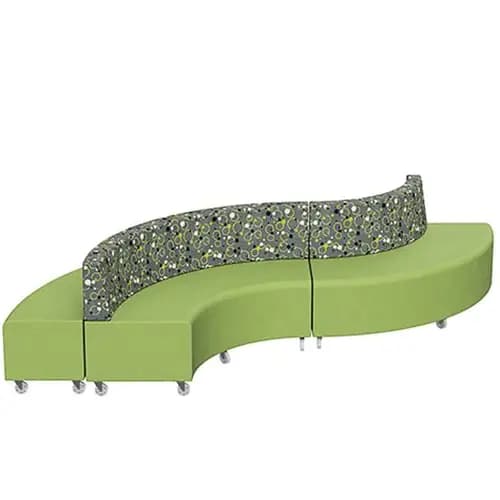 A modular, curved sofa composed of three segments. The base and seat are upholstered in a solid, bright green fabric. The backrest is also curved and upholstered in segments, featuring a patterned fabric with gray as the base color and white and lime green circular and swirl motifs. The sofa is equipped with casters on its base, indicating mobility. — 3D model
