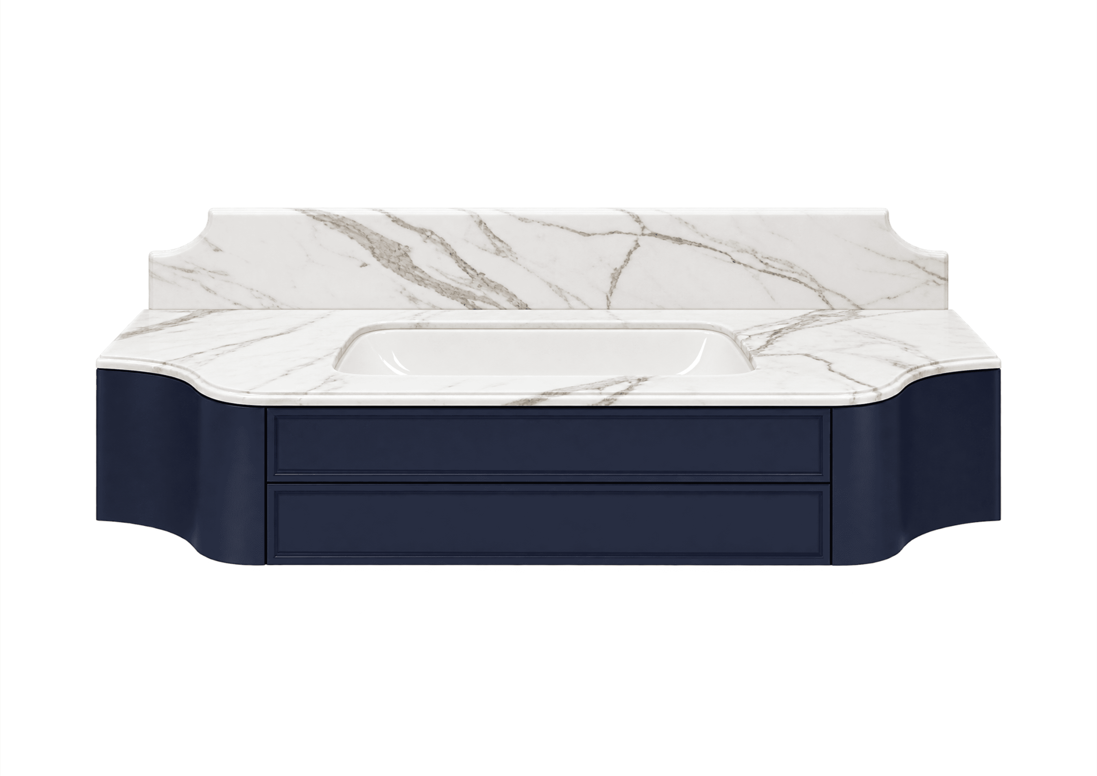 A wall-mounted bathroom vanity featuring a single integrated sink, a white marble countertop with a… — 3D model