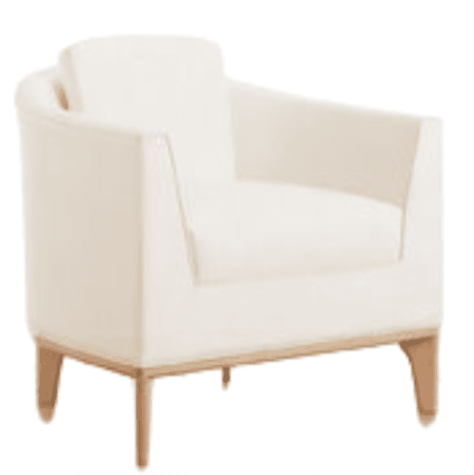 A contemporary upholstered armchair featuring a clean, rounded profile with a cream-colored textured fabric and an exposed light-toned wooden base and tapered legs. — 3D model