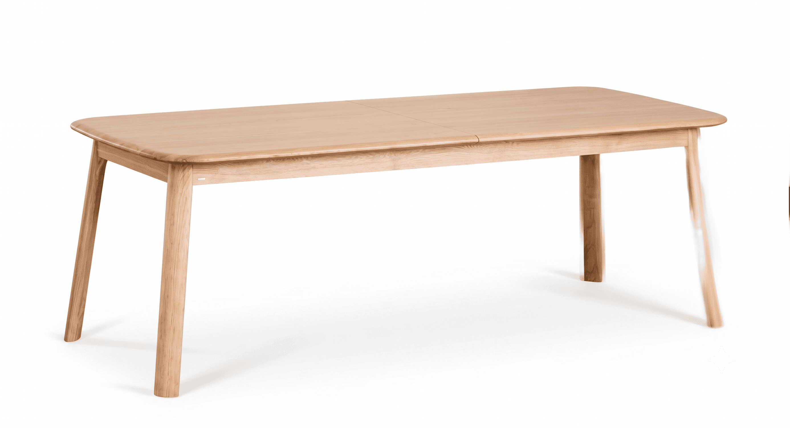 A minimalist light wood dining table with a rectangular top, rounded corners, and a visible central… — 3D model