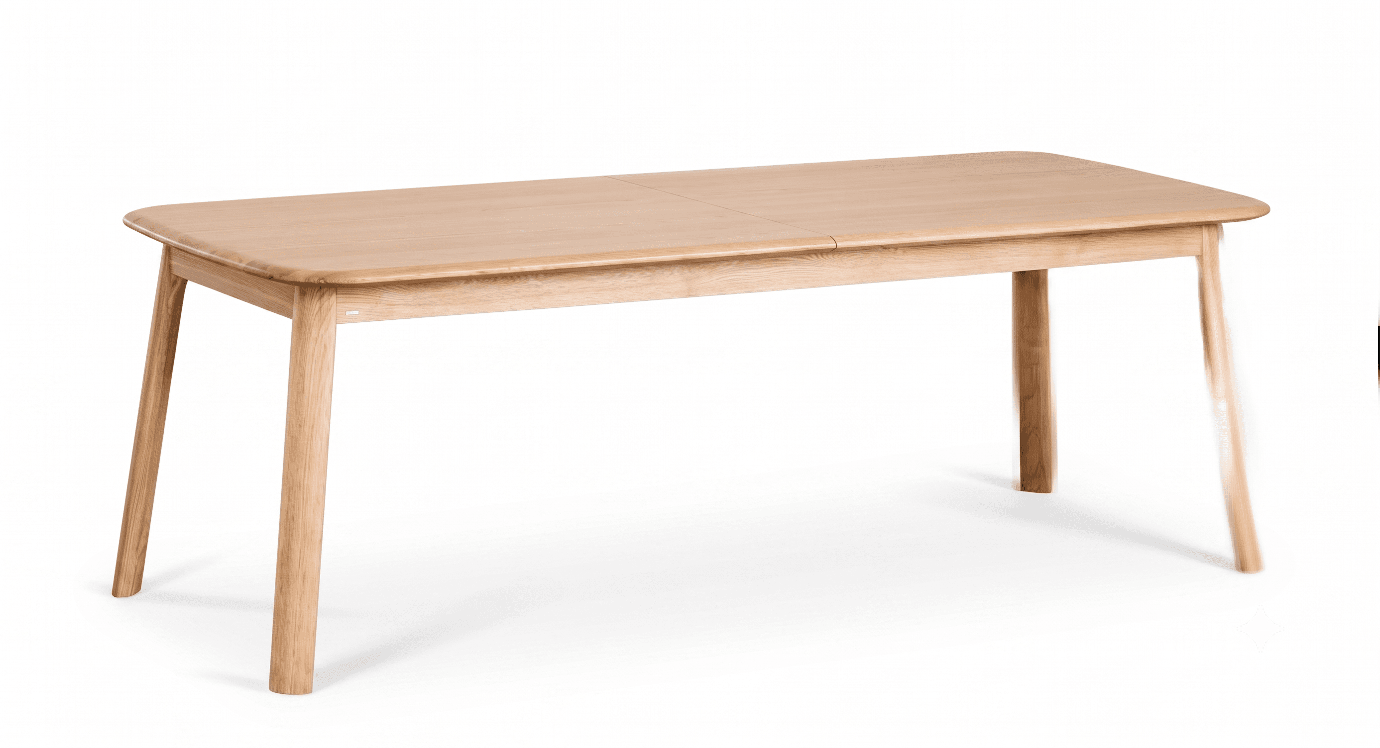 A minimalist light wood dining table with a rectangular top, rounded corners, and a visible central seam suggesting an extendable design. It stands on four tapered legs. — 3D model