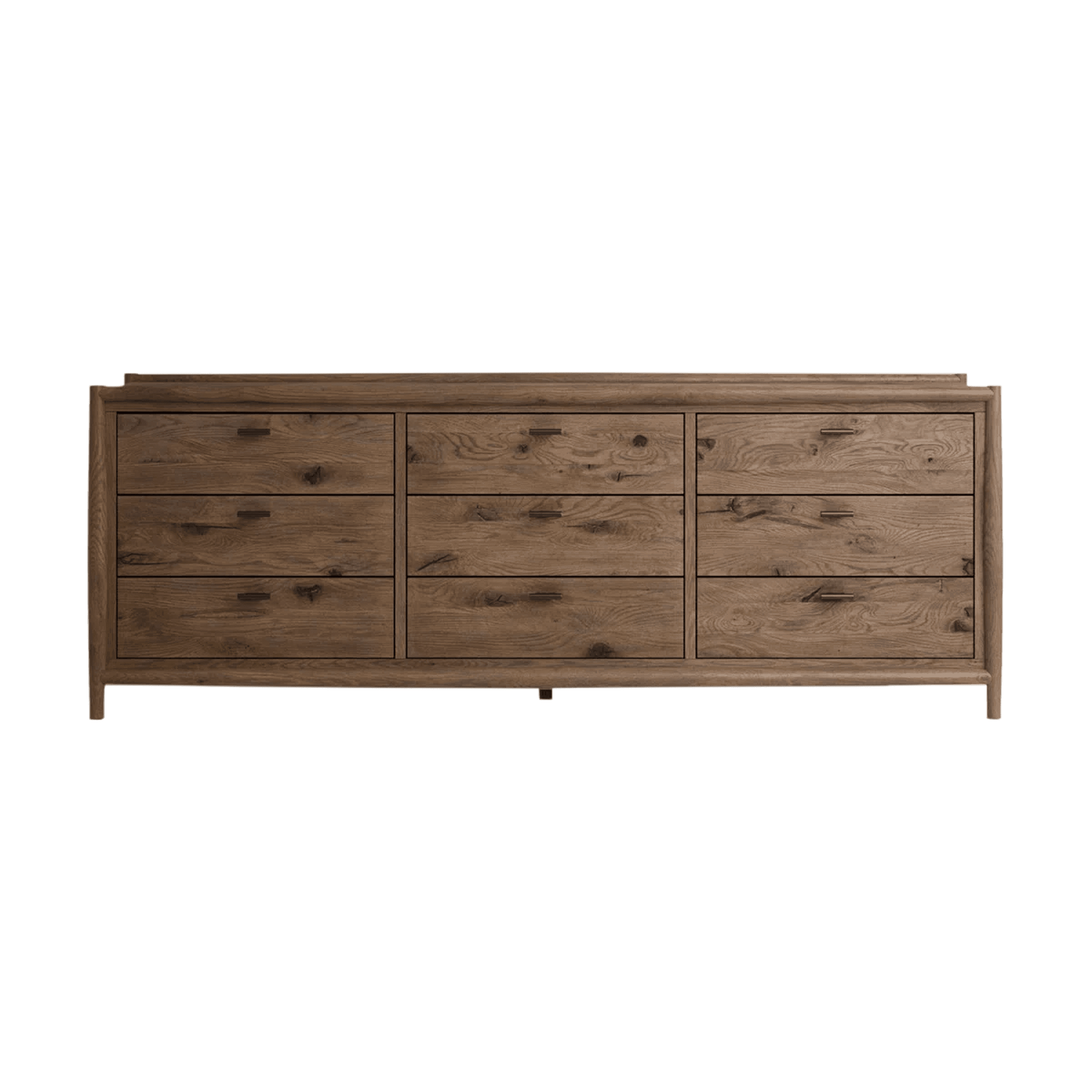 A wide, nine-drawer wooden dresser with a rustic finish and dark metal bar pulls, featuring prominen… — 3D model