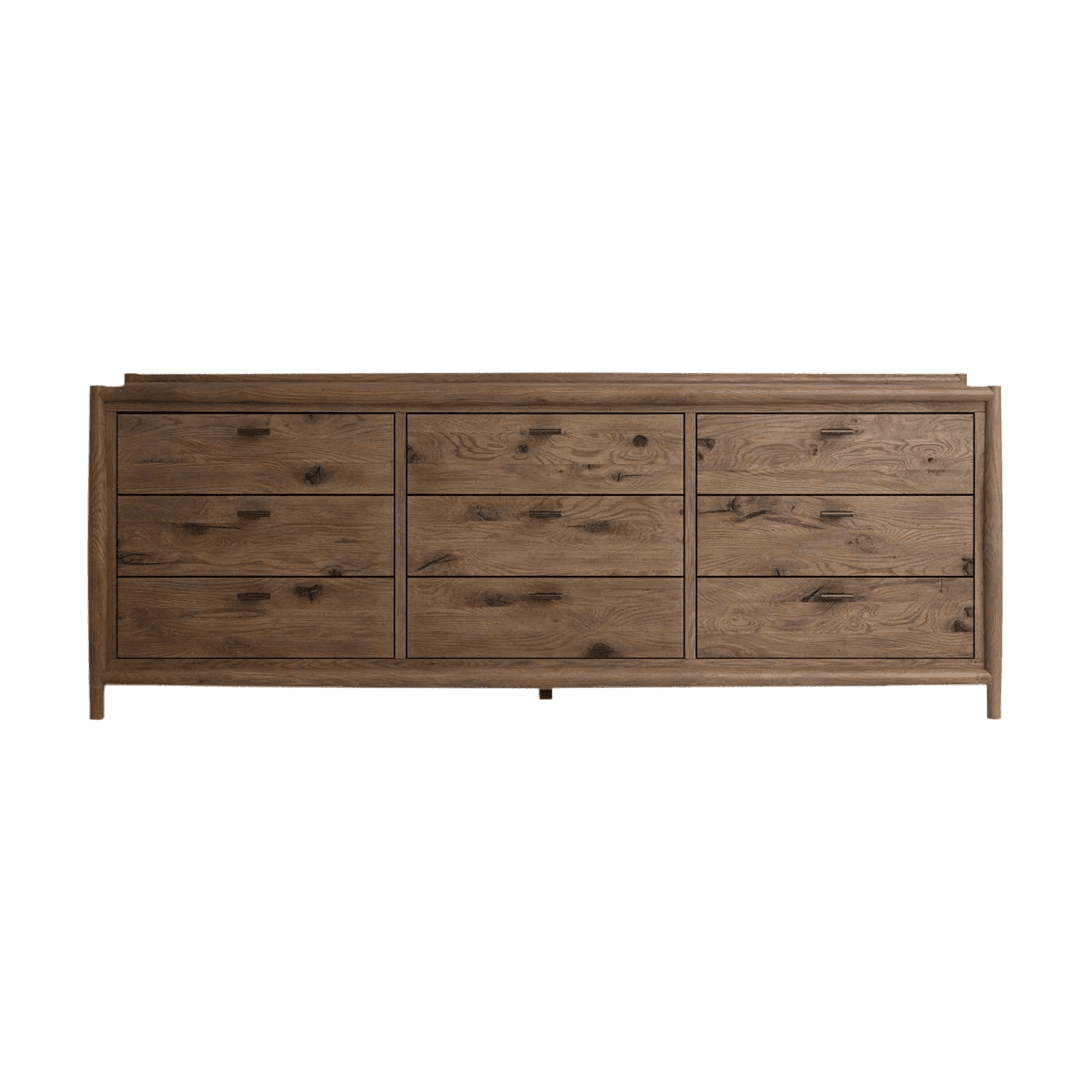 A wide, nine-drawer wooden dresser with a rustic finish and dark metal bar pulls, featuring prominent wood grain and rounded frame details. — 3D model