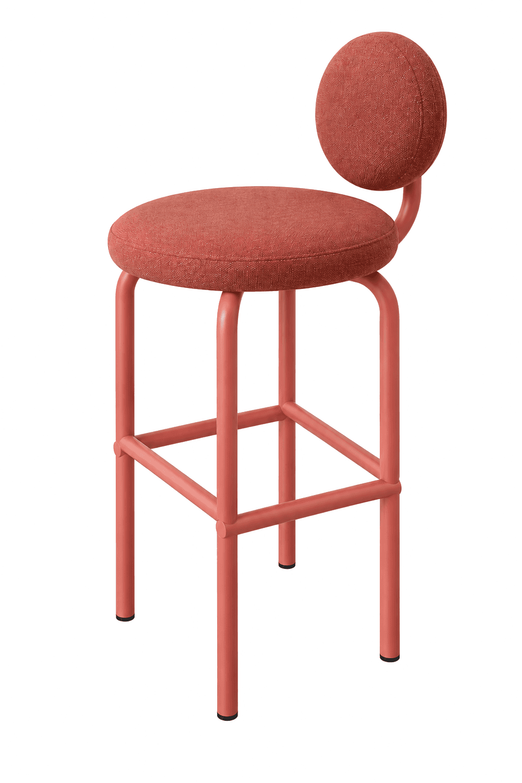 A modern, monochromatic reddish-orange bar stool featuring a round upholstered seat and a small, rou… — 3D model