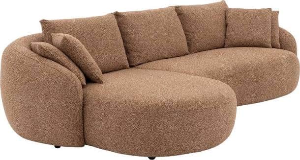 A contemporary, curved sectional sofa upholstered in a warm tan boucle fabric, featuring a flowing,… — 3D model