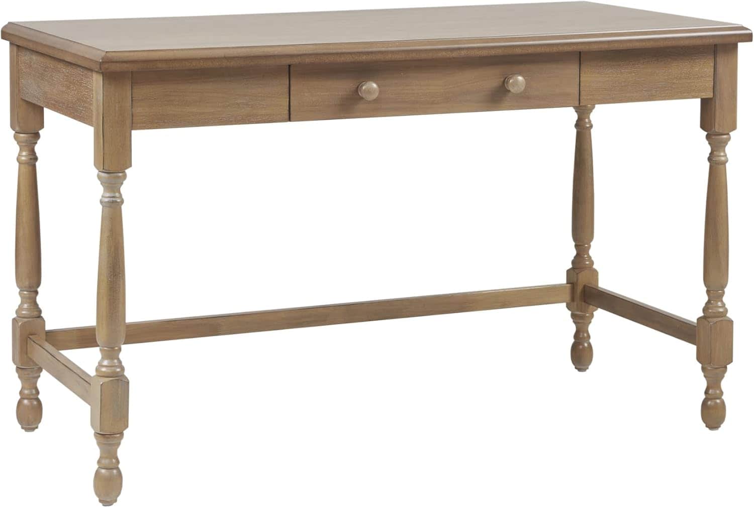 A wooden desk with a rectangular top, featuring two drawers with round knobs. The desk is supported… — 3D model