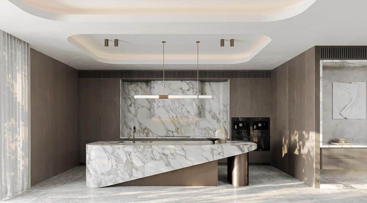 A contemporary coffee table with an elongated, oval-shaped marble top featuring a white base with pr… — free SKP 3D model