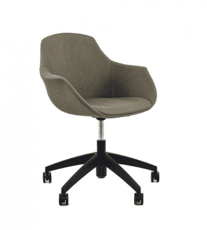 An upholstered swivel desk chair featuring a molded bucket seat with integrated armrests, set on an… — free BLEND 3D model