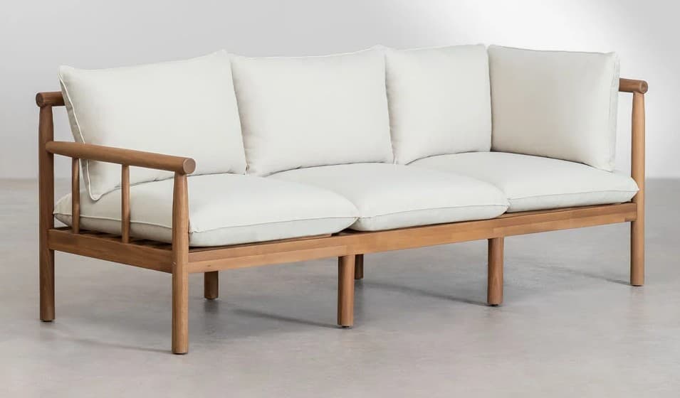 A three-seater sofa with a wooden frame and cushioned seating and backrest. The sofa features an armrest on the left side and has a slatted back support structure visible behind the cushions. The legs are cylindrical and spaced to provide stability. — 3D model
