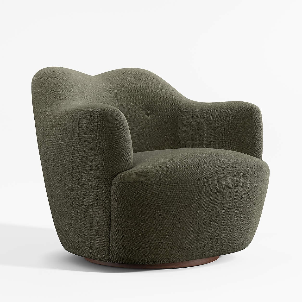 A fully upholstered armchair with a rounded, organic silhouette. The chair features a high, sculpted backrest that flows into integrated armrests, creating a cohesive form. A single button is tufted into the center of the backrest. The chair is supported by a dark, circular wooden base, suggesting it may be a swivel chair. — 3D model