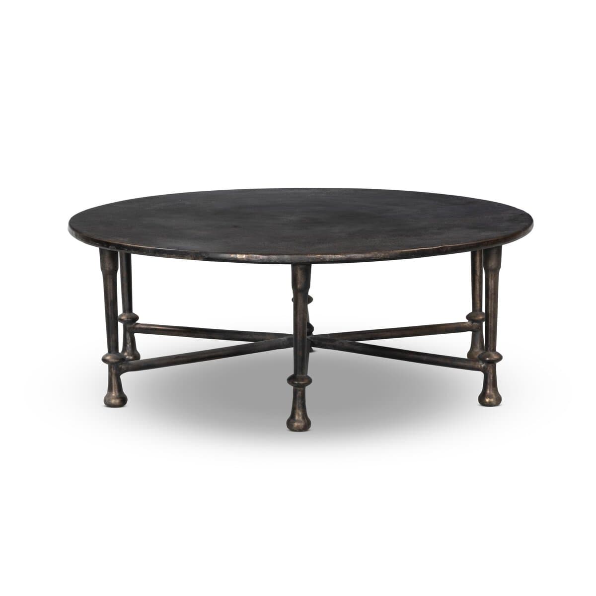A round coffee table with a dark, textured top and a base constructed from four metal legs connected by intersecting crossbars. The legs are segmented with decorative bulbous elements and taper to a rounded foot. — 3D model