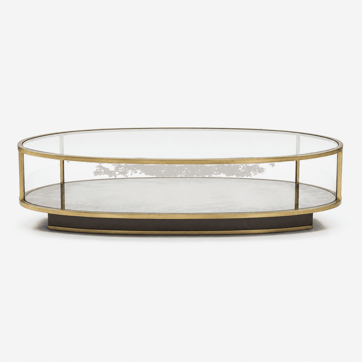 An elegant oval coffee table featuring a clear glass top and sides, enclosing a lower display shelf.… — 3D model