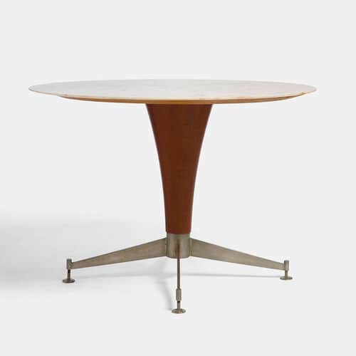 A circular table with a light-toned top, supported by a conical wooden pedestal that transitions to… — 3D model