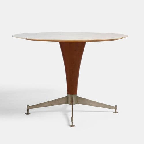 A circular table with a light-toned top, supported by a conical wooden pedestal that transitions to a three-pronged brushed metal base with adjustable feet. — 3D model