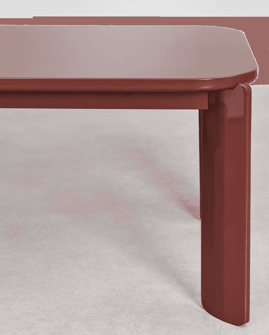 A close-up view of a table's corner and one leg. The table has a rectangular top with rounded corner… — 3D model