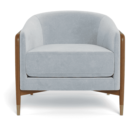 A upholstered armchair with a rounded back and arms, featuring a wooden frame visible on the sides a… — 3D model