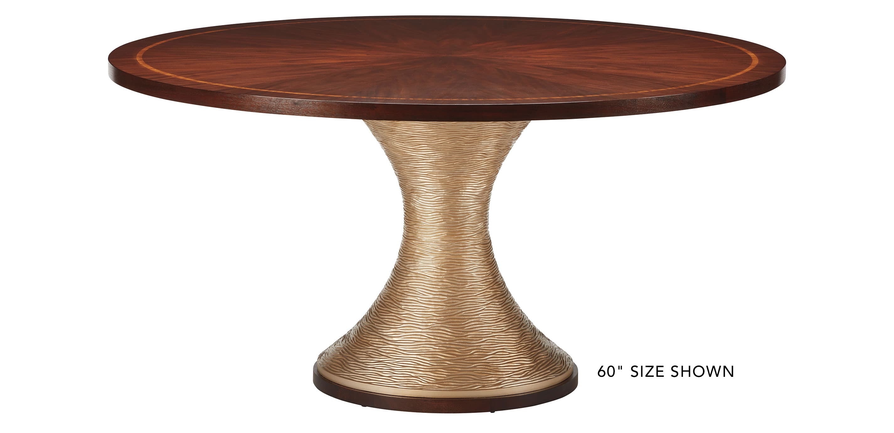 A sophisticated round dining table featuring a dark wood top with a distinctive radial veneer pattern and a thin inlaid lighter wood border. The table is supported by a single, substantial pedestal base that flares out at the bottom. The base has a textured, wave-like pattern and a metallic gold finish, resting on a dark, flat circular plinth. — 3D model